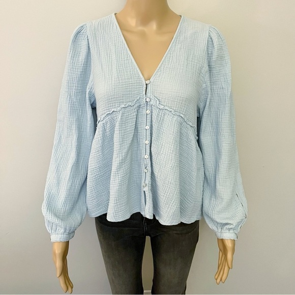 ZARA Blue Pastel Babydoll Cotton V Neck Button Front Long Sleeves Blouse Top. - Picture 11 of 11